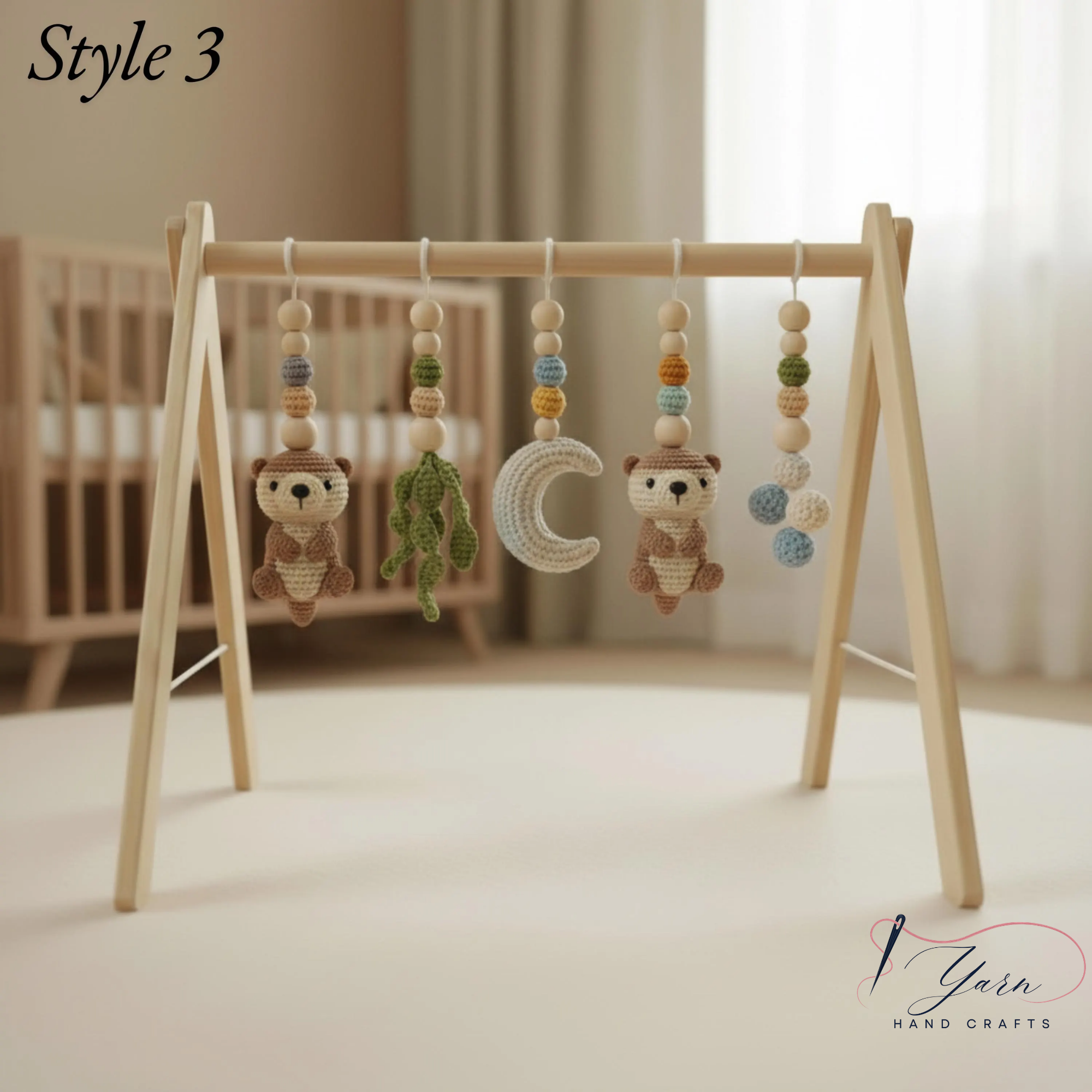 Wooden Baby Play Gym with Crochet Toys, Montessori Activity Gym, Nursery Decor, Baby Shower Gift, Handmade Infant Play Gym