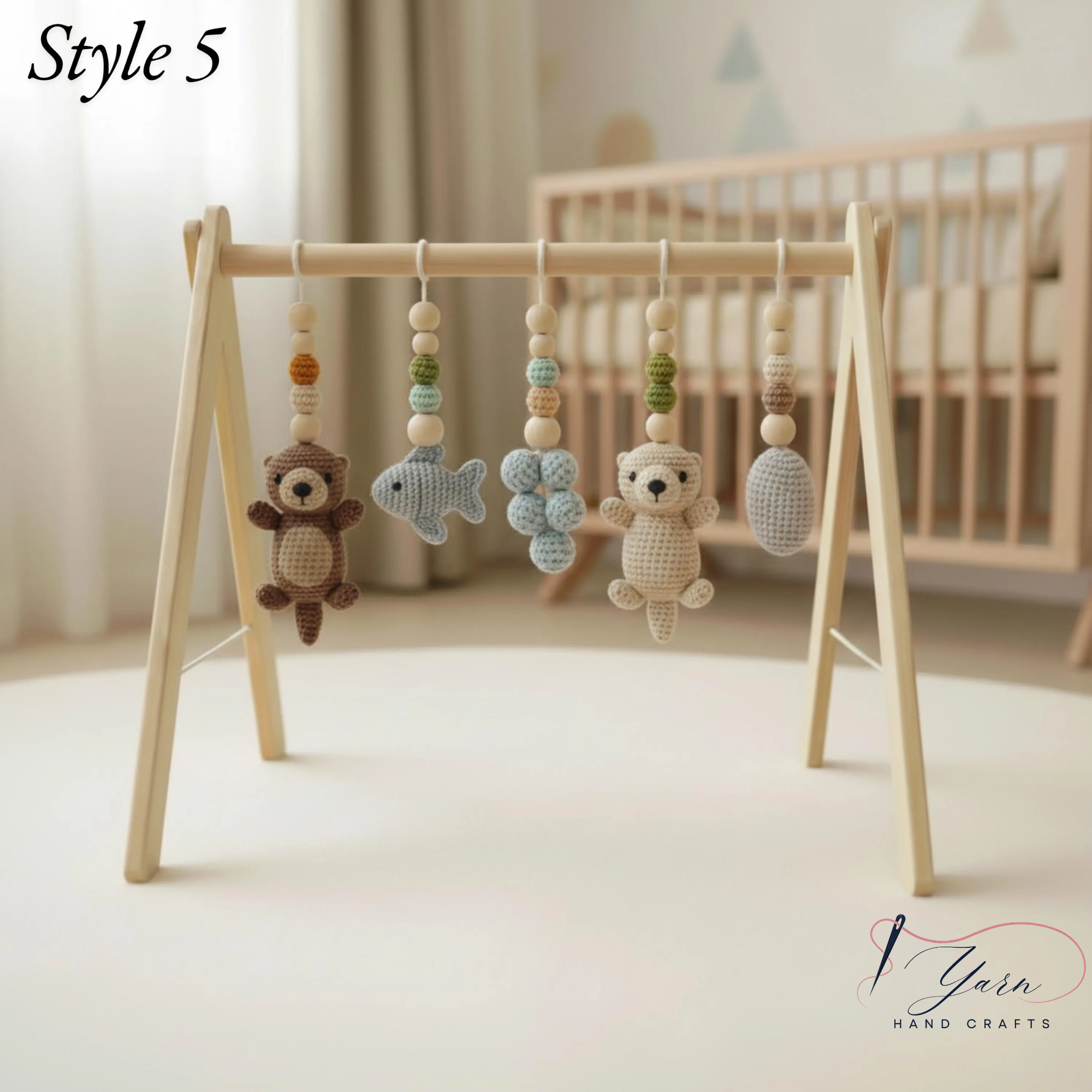 Wooden Baby Play Gym with Crochet Toys, Montessori Activity Gym, Nursery Decor, Baby Shower Gift, Handmade Infant Play Gym