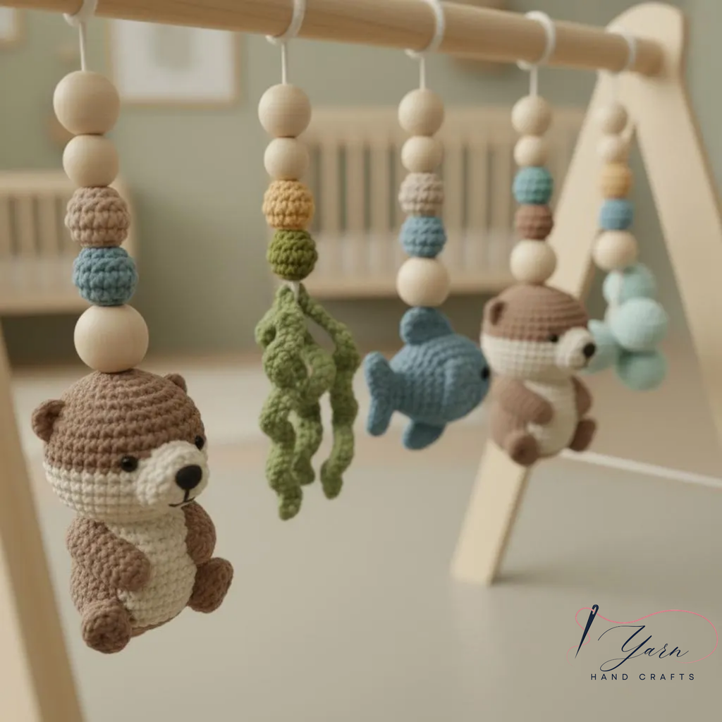 Wooden Baby Play Gym with Crochet Toys, Montessori Activity Gym, Nursery Decor, Baby Shower Gift, Handmade Infant Play Gym