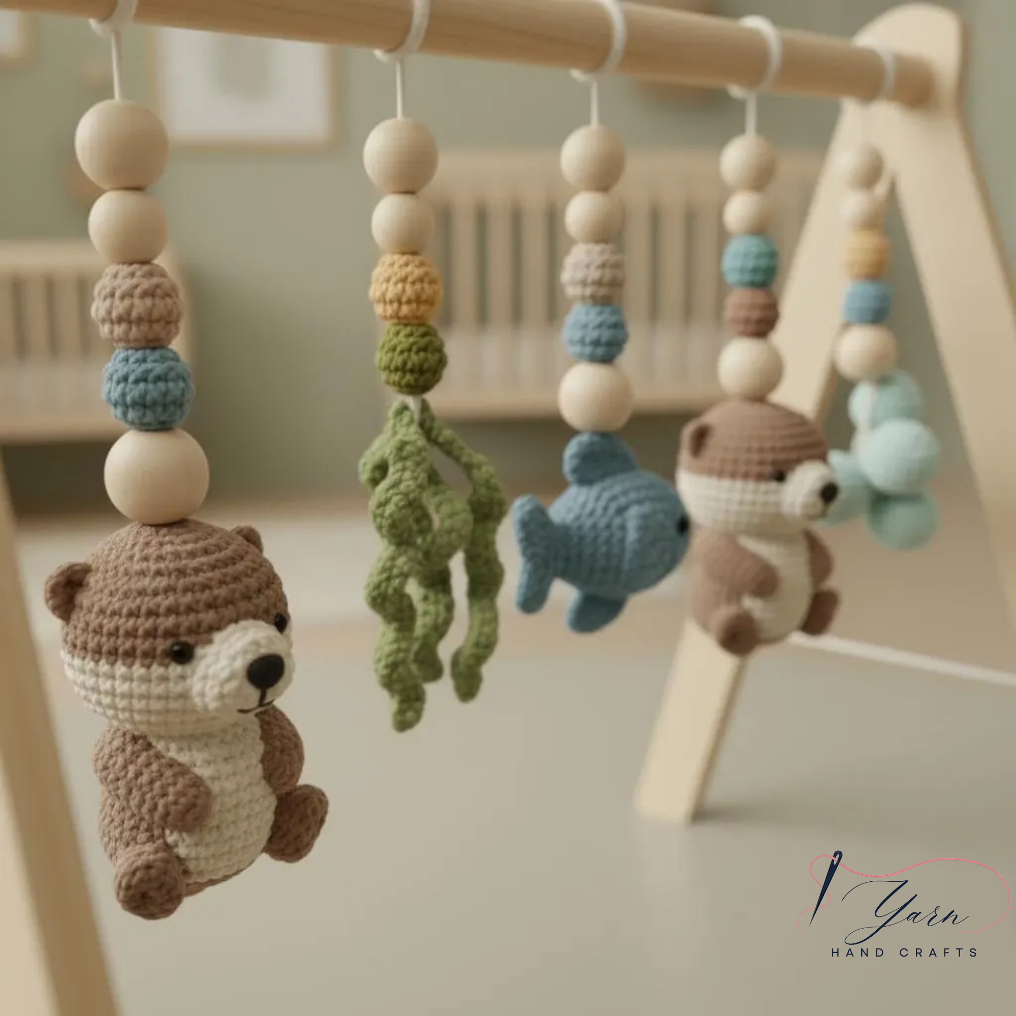 Wooden Baby Play Gym with Crochet Toys, Montessori Activity Gym, Nursery Decor, Baby Shower Gift, Handmade Infant Play Gym