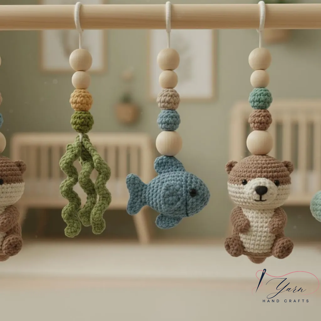 Wooden Baby Play Gym with Crochet Toys, Montessori Activity Gym, Nursery Decor, Baby Shower Gift, Handmade Infant Play Gym