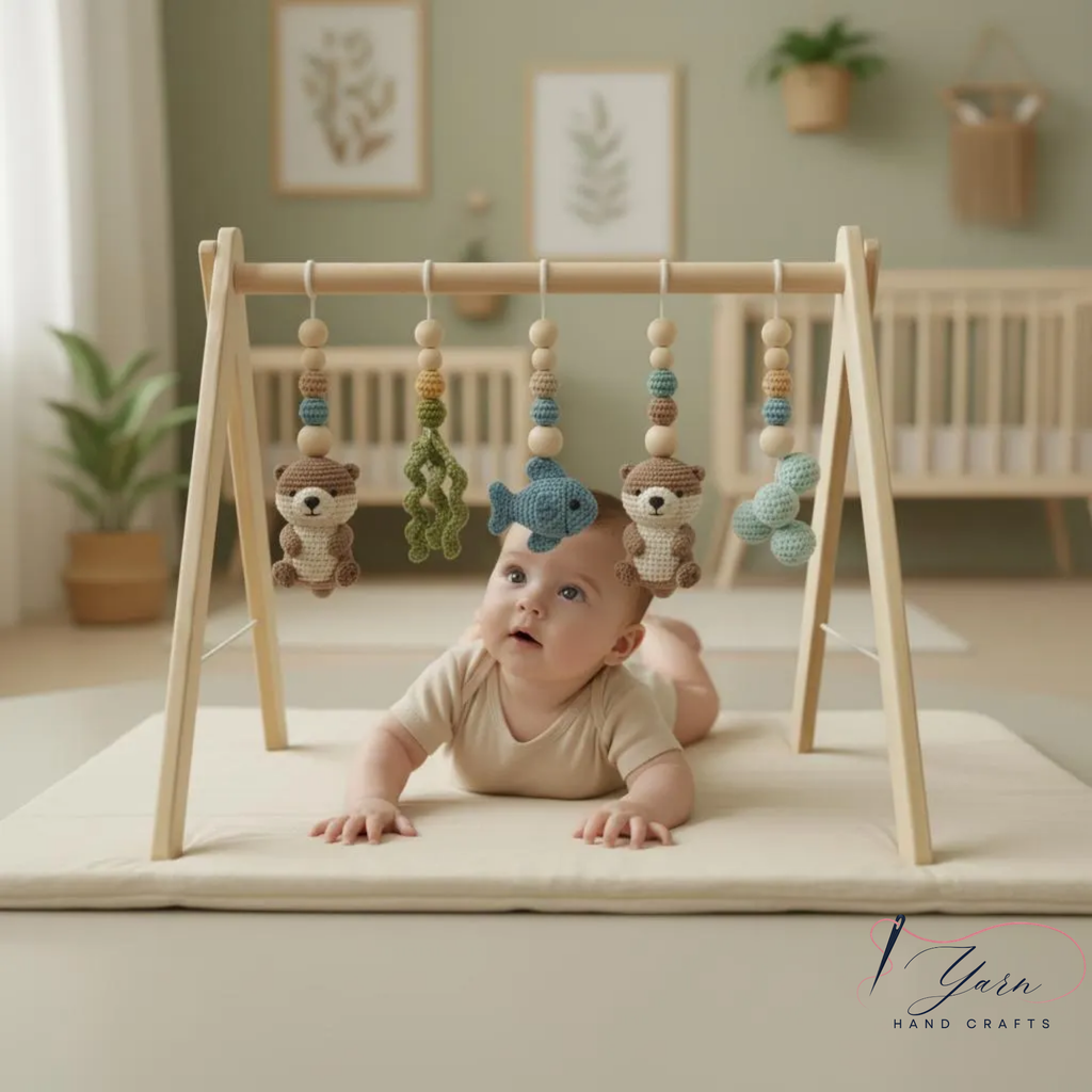 Wooden Baby Play Gym with Crochet Toys, Montessori Activity Gym, Nursery Decor, Baby Shower Gift, Handmade Infant Play Gym