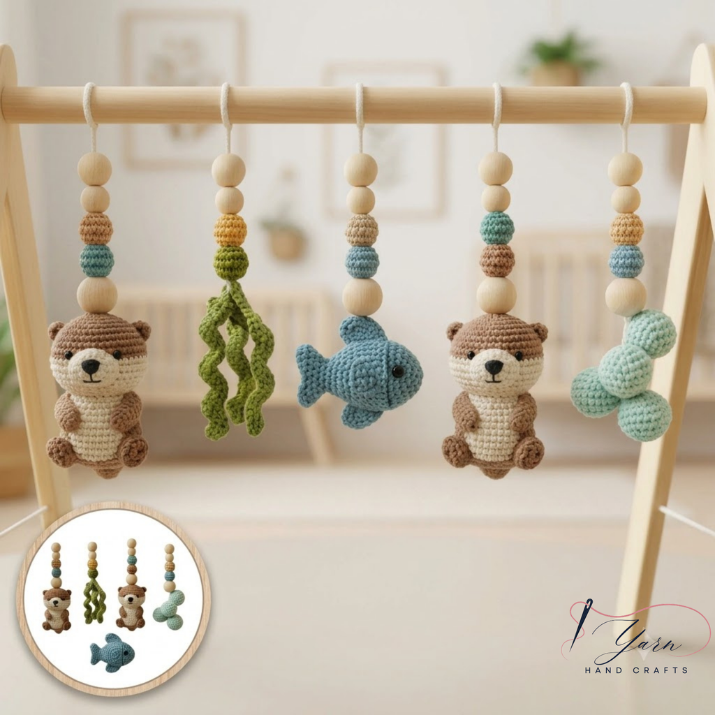 Wooden Baby Play Gym with Crochet Toys, Montessori Activity Gym, Nursery Decor, Baby Shower Gift, Handmade Infant Play Gym