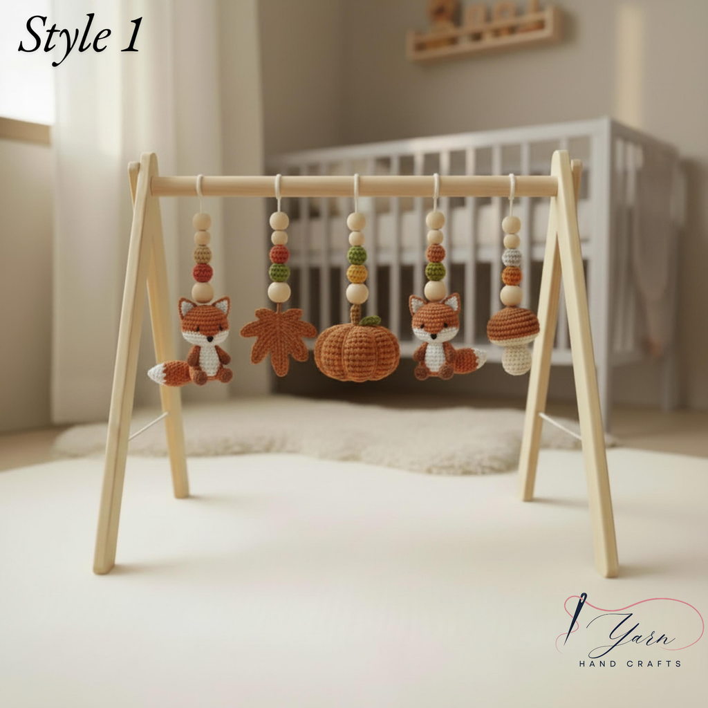Woodland Baby Gym, Crochet Fox Baby Gym, Wooden Activity Gym, Forest Nursery Decor, Fall Baby Gift, Neutral Nursery, Handmade Baby Toy