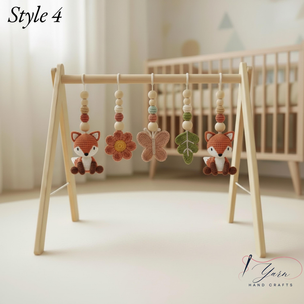 Woodland Baby Gym, Crochet Fox Baby Gym, Wooden Activity Gym, Forest Nursery Decor, Fall Baby Gift, Neutral Nursery, Handmade Baby Toy