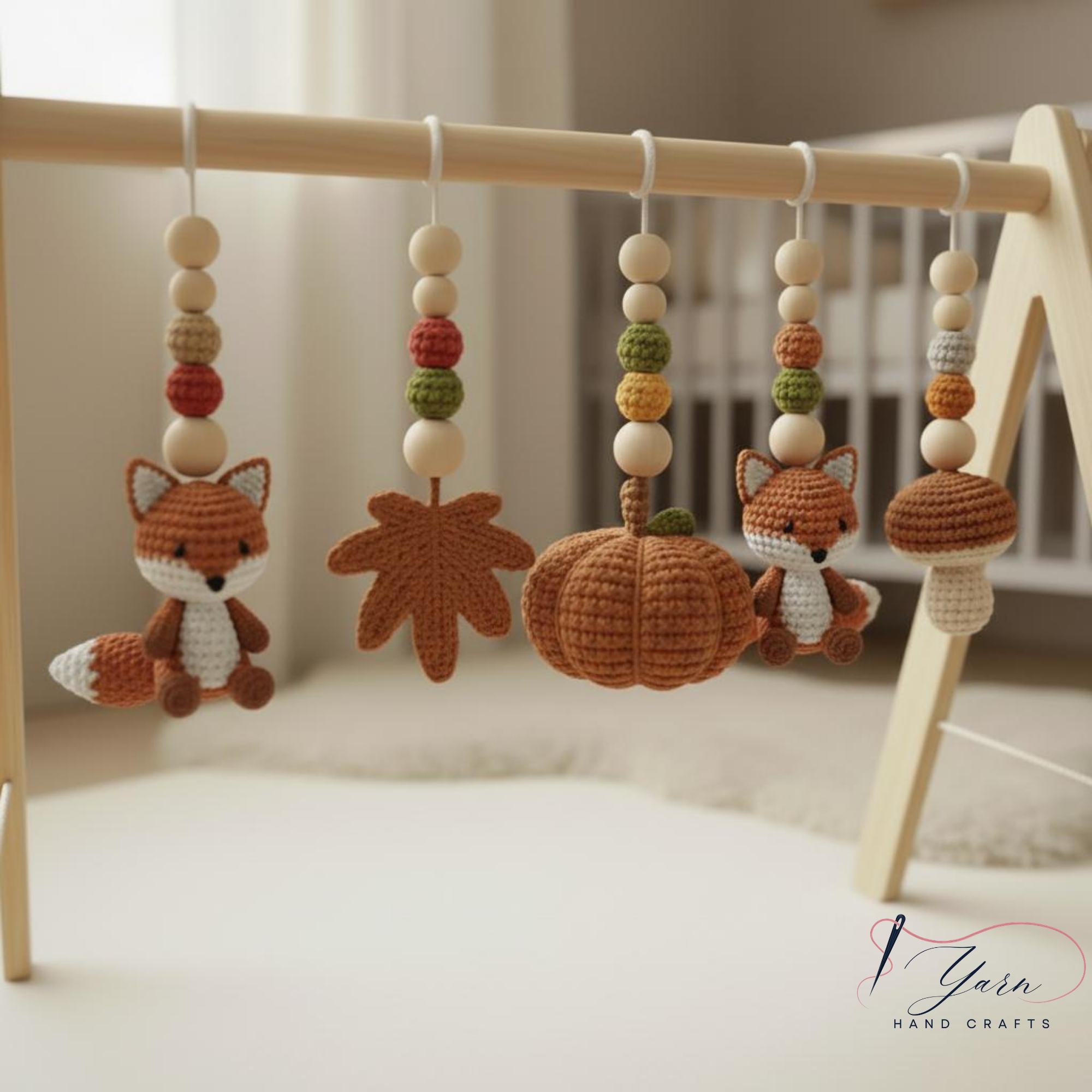 Woodland Baby Gym, Crochet Fox Baby Gym, Wooden Activity Gym, Forest Nursery Decor, Fall Baby Gift, Neutral Nursery, Handmade Baby Toy