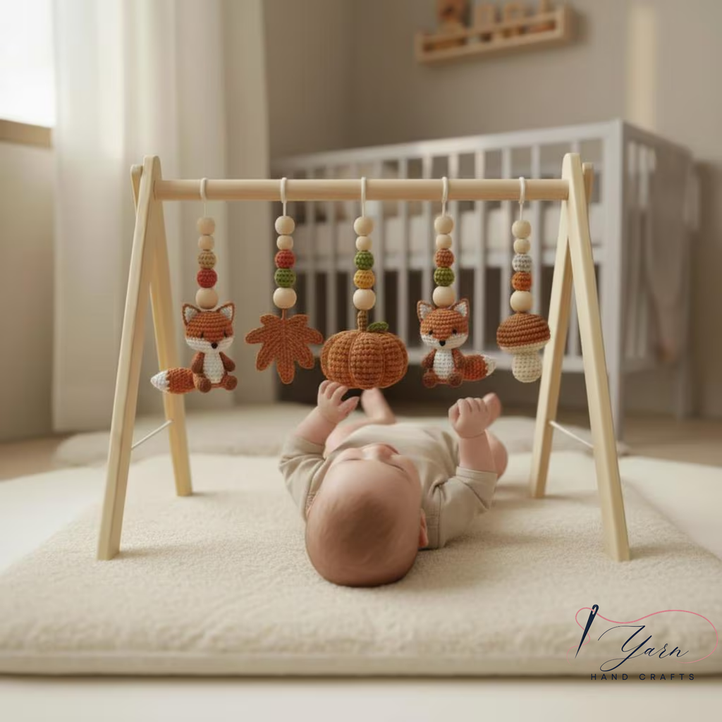 Woodland Baby Gym, Crochet Fox Baby Gym, Wooden Activity Gym, Forest Nursery Decor, Fall Baby Gift, Neutral Nursery, Handmade Baby Toy