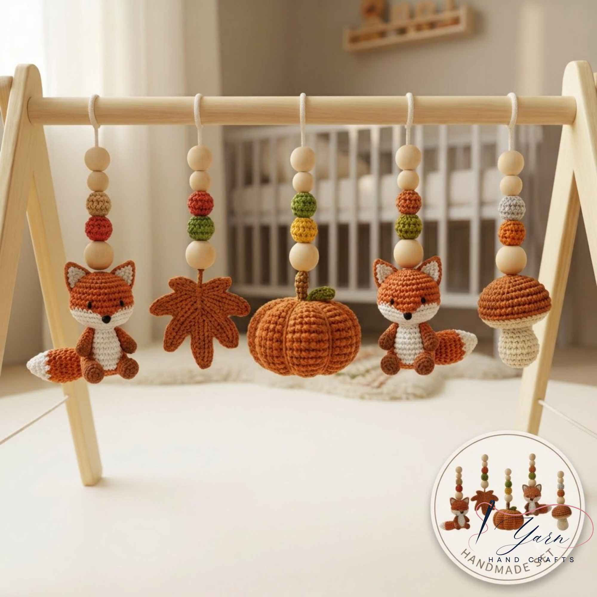 Woodland Baby Gym, Crochet Fox Baby Gym, Wooden Activity Gym, Forest Nursery Decor, Fall Baby Gift, Neutral Nursery, Handmade Baby Toy