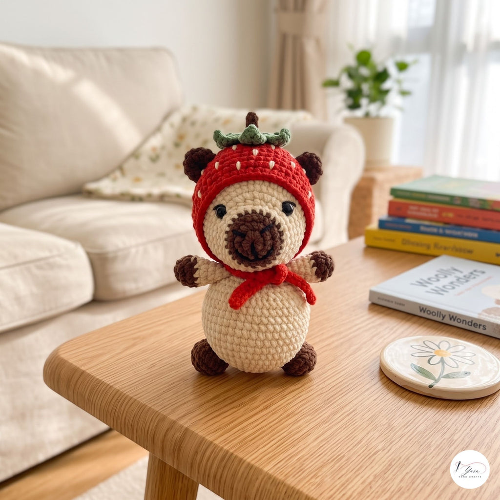 A crocheted bear doll wearing a red strawberry hat and red scarf, sitting on a wooden table in a cozy living room setting.