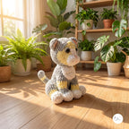 A crocheted plush toy cat sits on a wooden floor in a bright room filled with potted plants and warm sunlight streaming through a window.