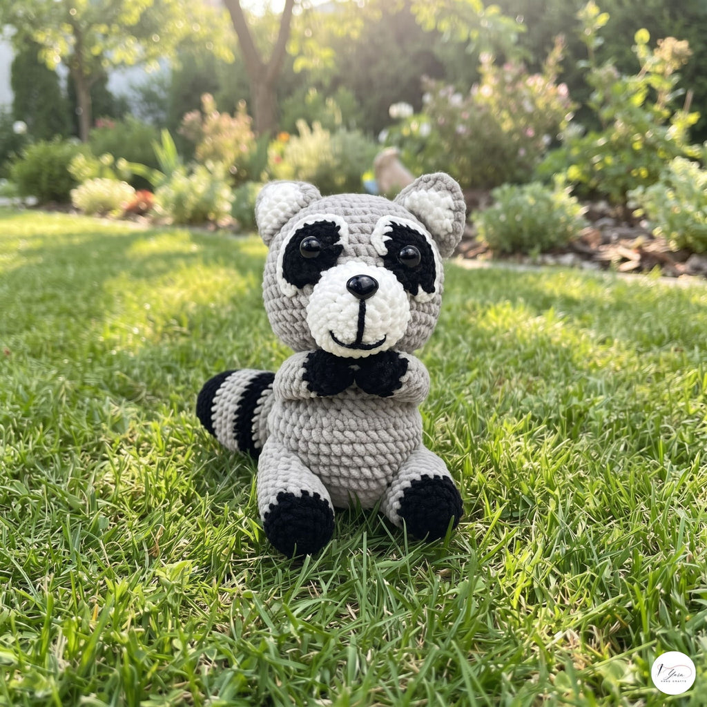A crocheted raccoon toy sits on green grass in a sunny garden. The handmade plush toy has a cream-colored body with black patches for the eyes, ears, paws, and tail stripes, and a small black bow tie.
