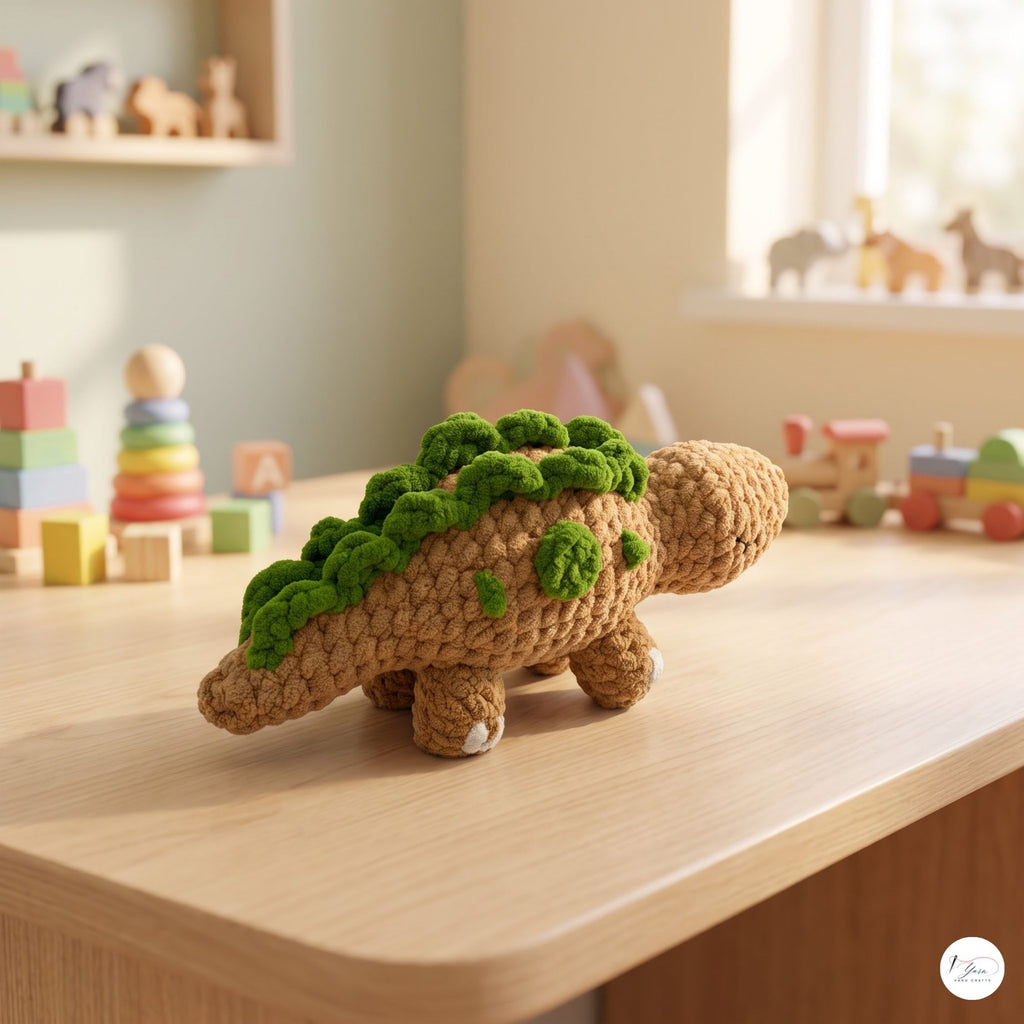 Handmade Crochet Stegosaurus Plush, Brown Green Amigurumi Dinosaur, Soft Dino Stuffed Animal, Dinosaur Lover Gift, Nursery Decor