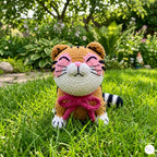 A crocheted tiger plush toy sitting on green grass in a garden setting. The toy features orange and cream yarn, pink accents on the face and bow, and black and white stripes on its tail.