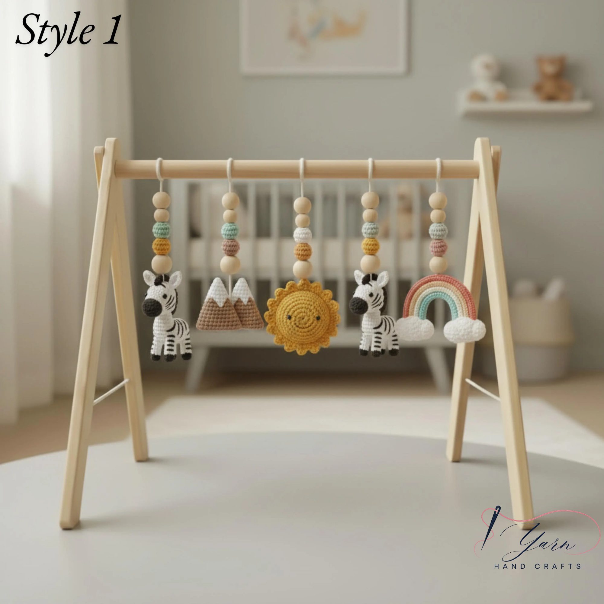 Wooden Baby Play Gym with Crochet Toys, Baby Activity Gym, Tummy Time Toy, Nursery Decor, Newborn Gift, Montessori Inspired