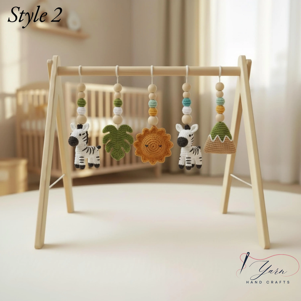 Wooden Baby Play Gym with Crochet Toys, Baby Activity Gym, Tummy Time Toy, Nursery Decor, Newborn Gift, Montessori Inspired