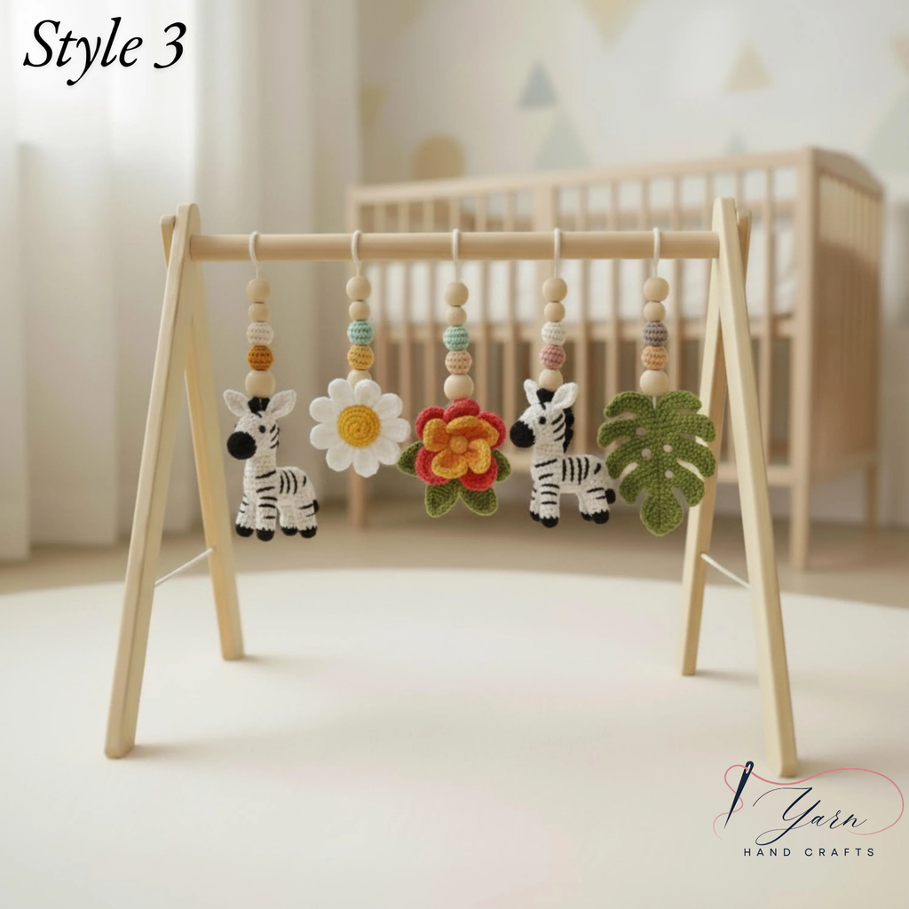 Wooden Baby Play Gym with Crochet Toys, Baby Activity Gym, Tummy Time Toy, Nursery Decor, Newborn Gift, Montessori Inspired