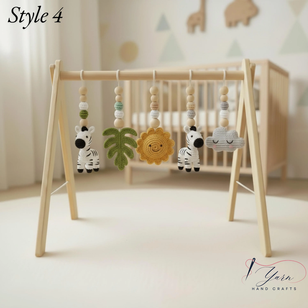 Wooden Baby Play Gym with Crochet Toys, Baby Activity Gym, Tummy Time Toy, Nursery Decor, Newborn Gift, Montessori Inspired