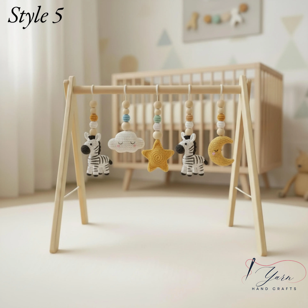 Wooden Baby Play Gym with Crochet Toys, Baby Activity Gym, Tummy Time Toy, Nursery Decor, Newborn Gift, Montessori Inspired