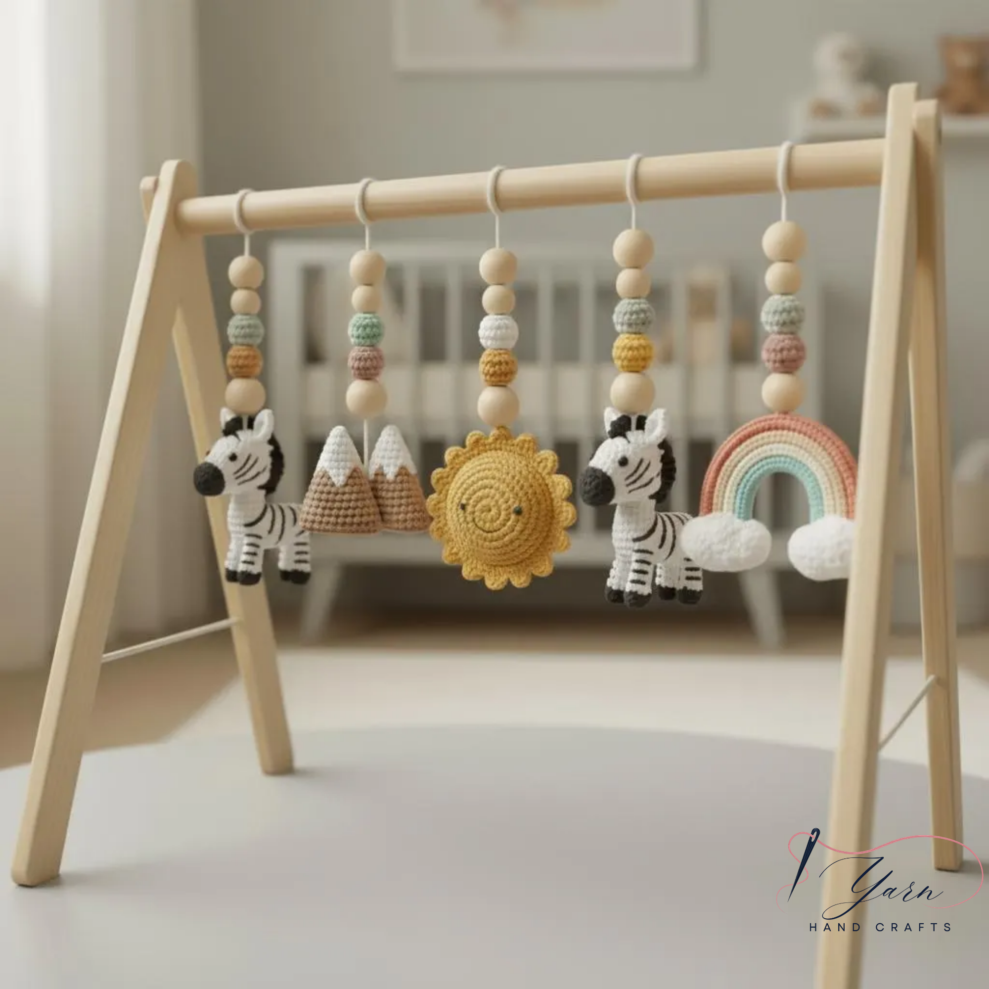 Wooden Baby Play Gym with Crochet Toys, Baby Activity Gym, Tummy Time Toy, Nursery Decor, Newborn Gift, Montessori Inspired