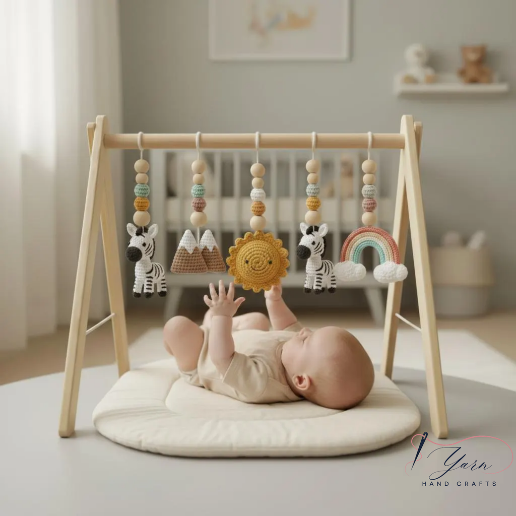 Wooden Baby Play Gym with Crochet Toys, Baby Activity Gym, Tummy Time Toy, Nursery Decor, Newborn Gift, Montessori Inspired