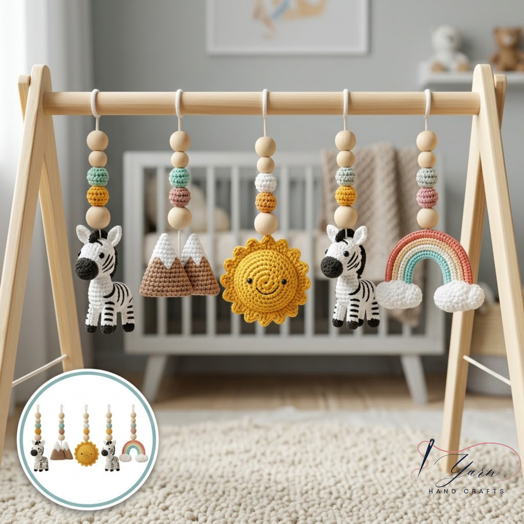 Wooden Baby Play Gym with Crochet Toys, Baby Activity Gym, Tummy Time Toy, Nursery Decor, Newborn Gift, Montessori Inspired