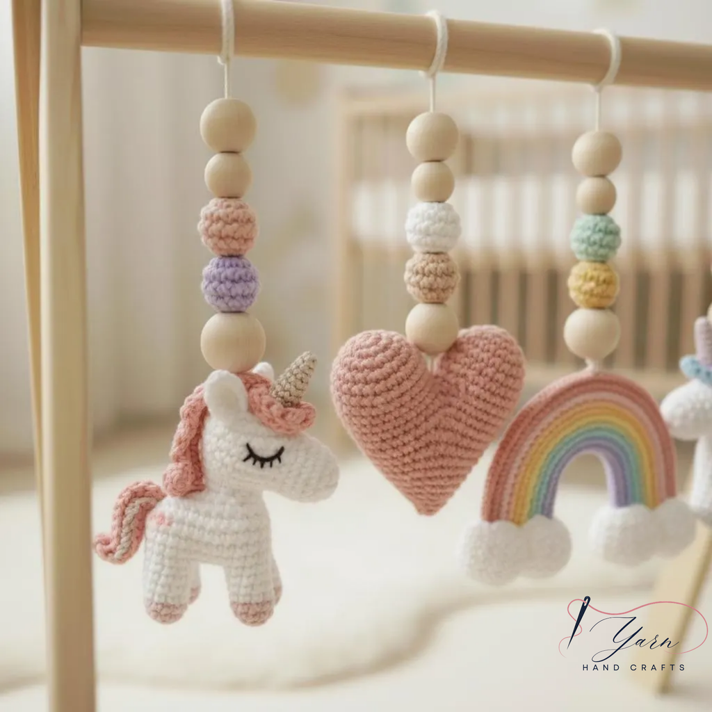 Unicorn Baby Play Gym, Crochet Rainbow & Unicorn Toys, Wooden Montessori Activity Gym, Pastel Nursery Decor, Newborn Baby Shower Gift