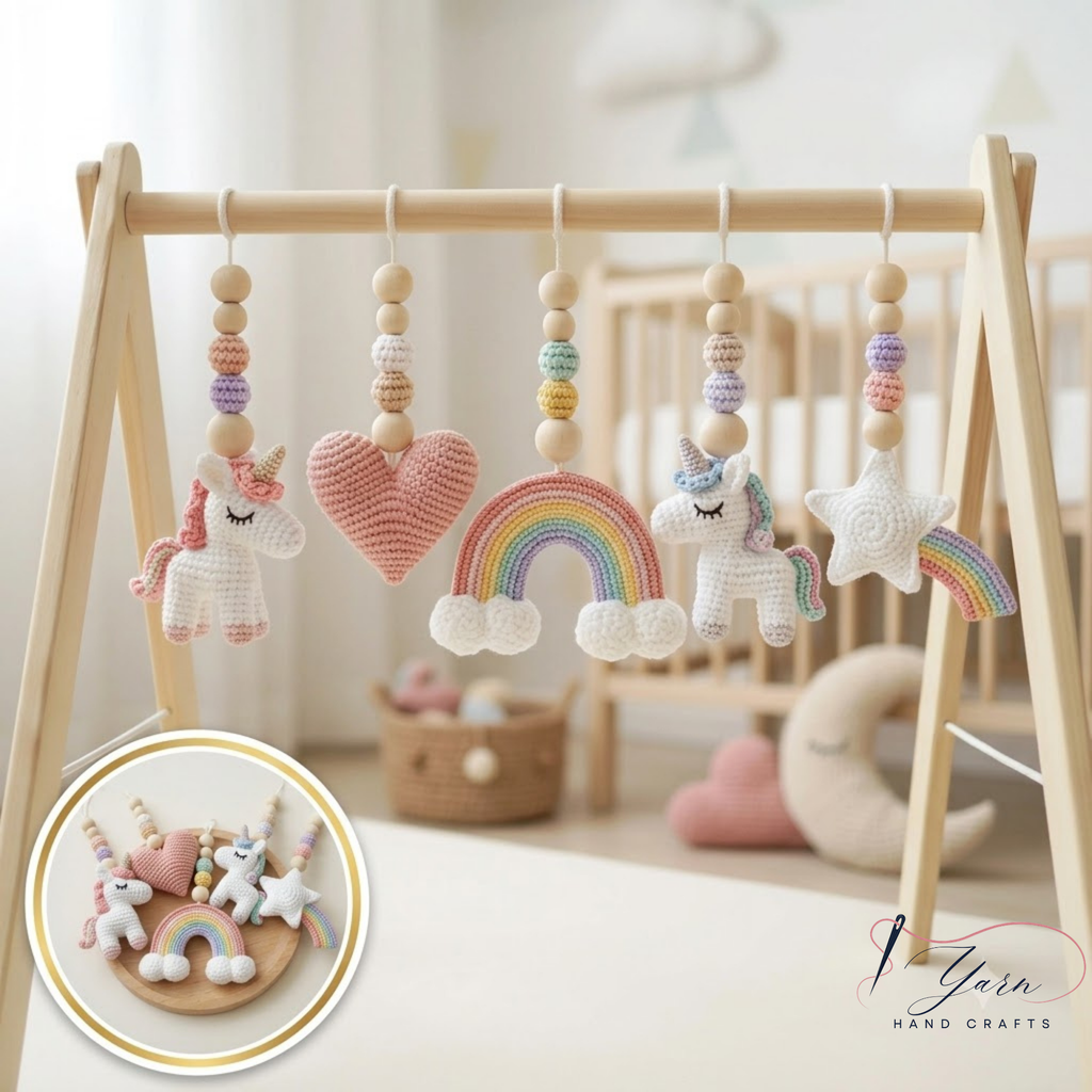 Unicorn Baby Play Gym, Crochet Rainbow & Unicorn Toys, Wooden Montessori Activity Gym, Pastel Nursery Decor, Newborn Baby Shower Gift