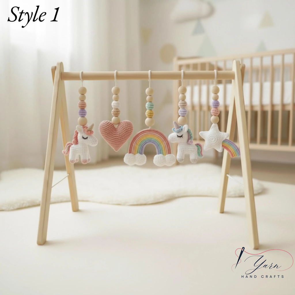 Unicorn Baby Play Gym, Crochet Rainbow & Unicorn Toys, Wooden Montessori Activity Gym, Pastel Nursery Decor, Newborn Baby Shower Gift