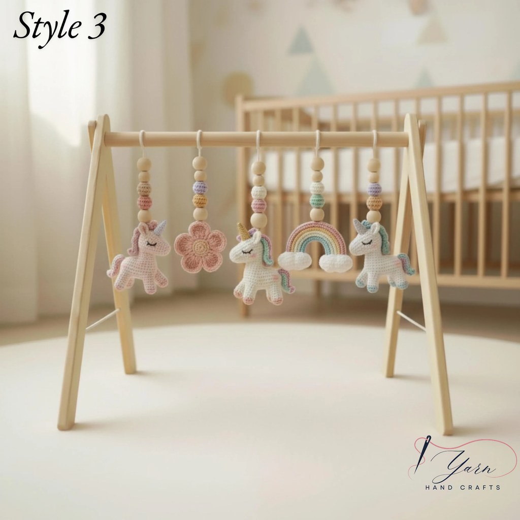 Unicorn Baby Play Gym, Crochet Rainbow & Unicorn Toys, Wooden Montessori Activity Gym, Pastel Nursery Decor, Newborn Baby Shower Gift