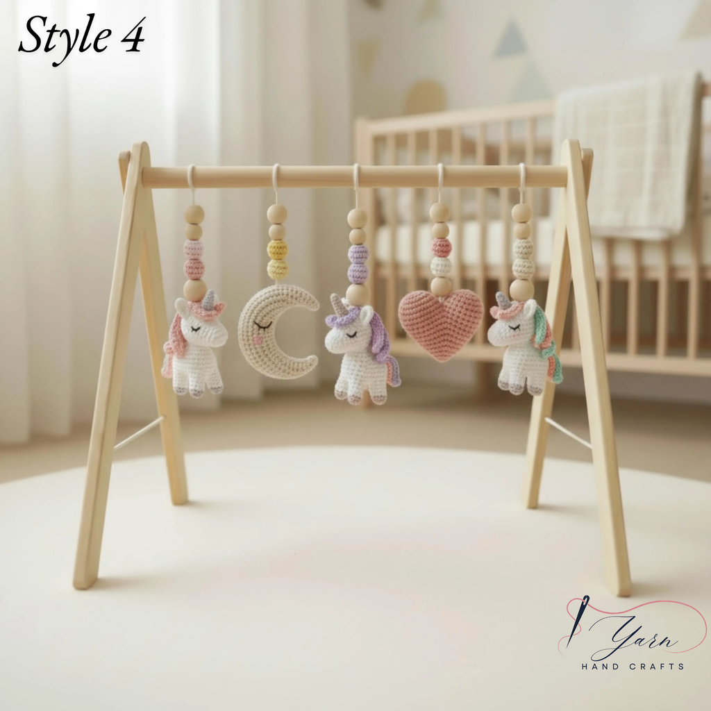 Unicorn Baby Play Gym, Crochet Rainbow & Unicorn Toys, Wooden Montessori Activity Gym, Pastel Nursery Decor, Newborn Baby Shower Gift