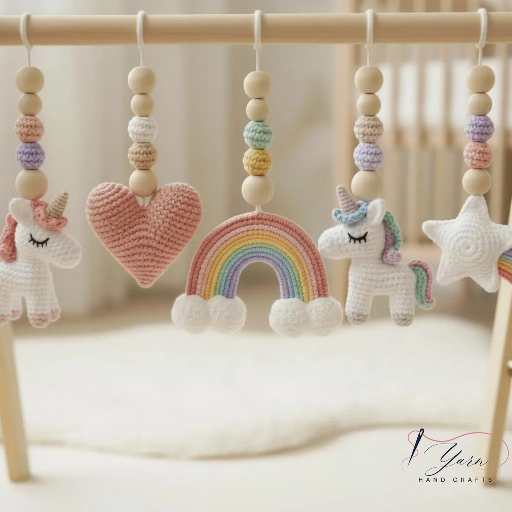 Unicorn Baby Play Gym, Crochet Rainbow & Unicorn Toys, Wooden Montessori Activity Gym, Pastel Nursery Decor, Newborn Baby Shower Gift