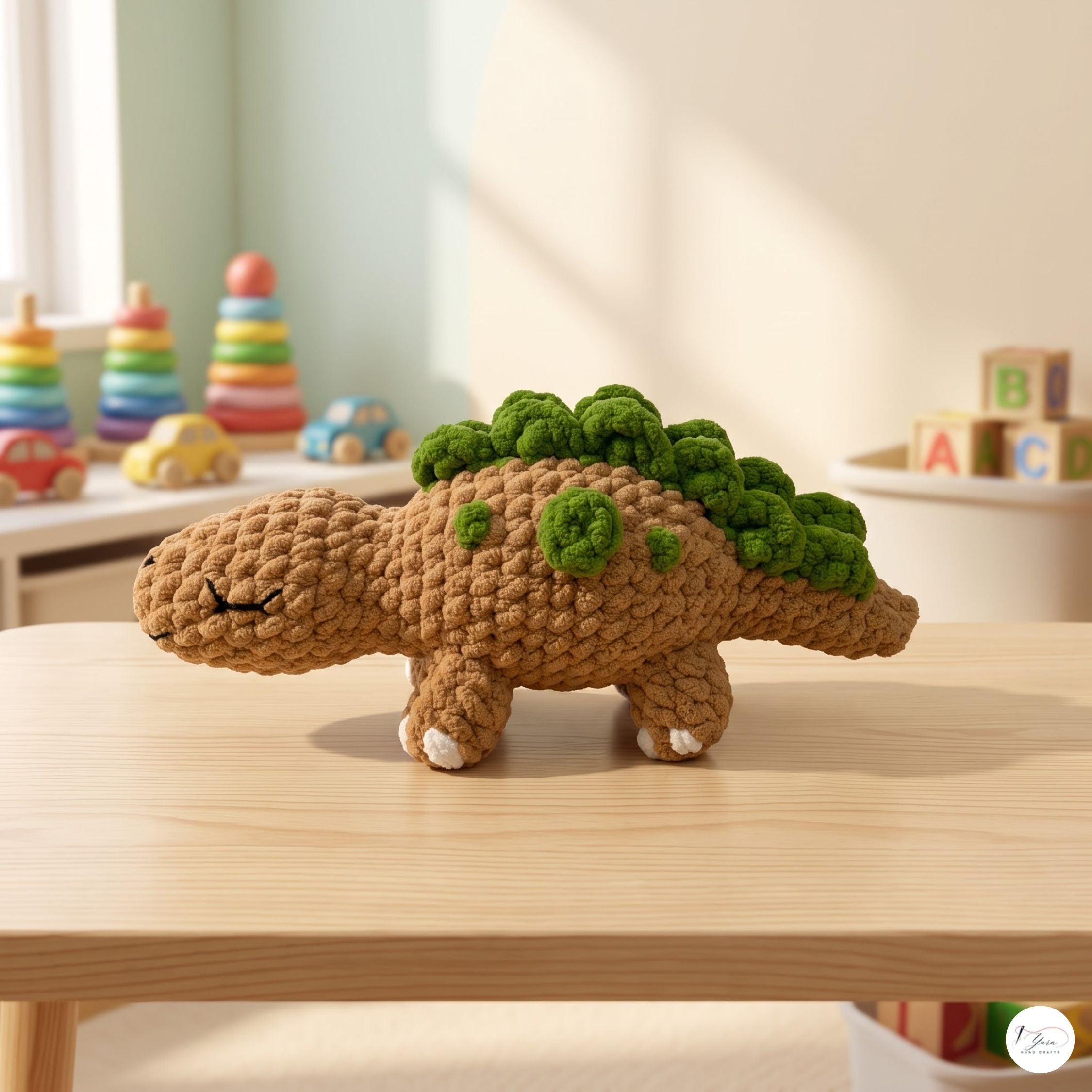 Handmade Crochet Stegosaurus Plush, Brown Green Amigurumi Dinosaur, Soft Dino Stuffed Animal, Dinosaur Lover Gift, Nursery Decor