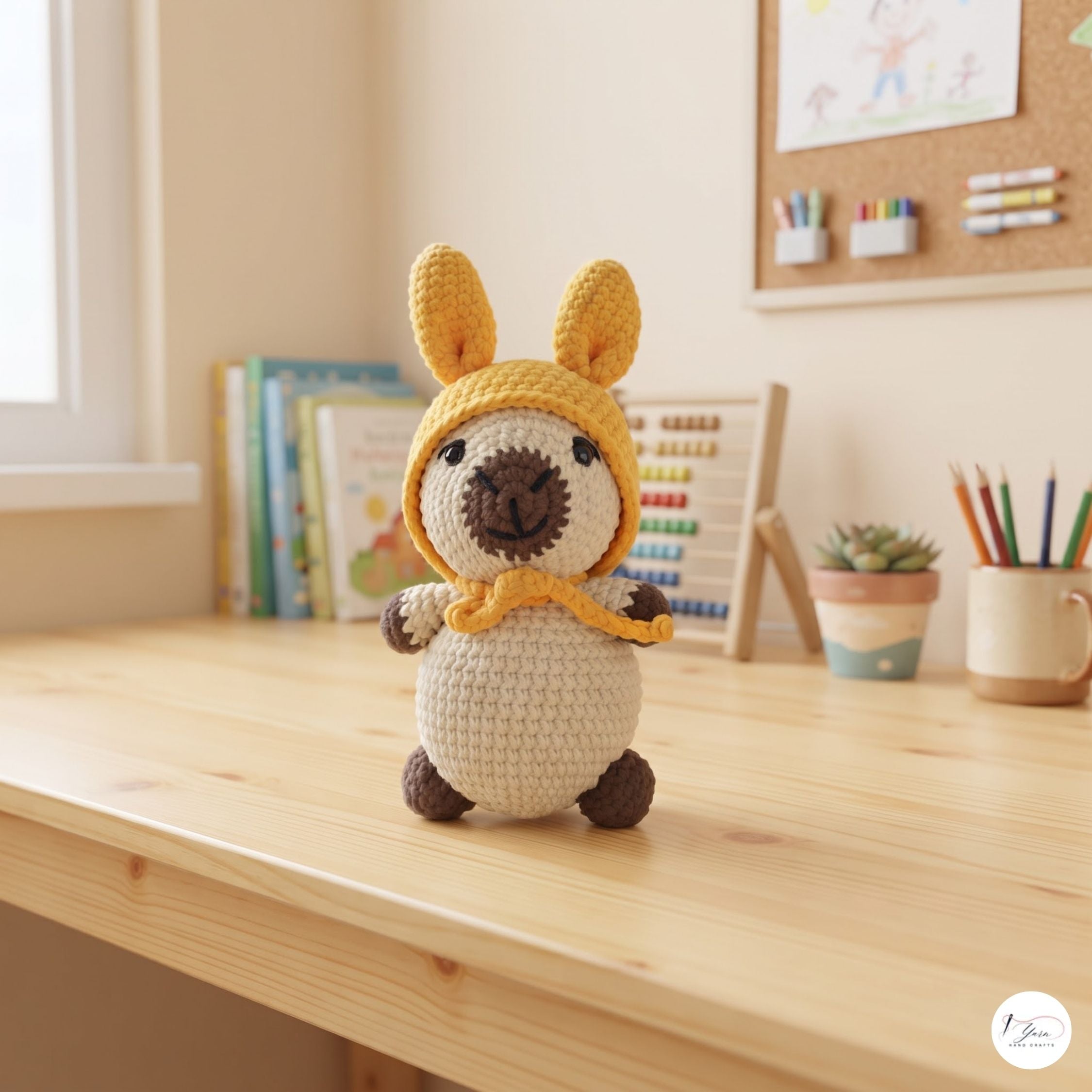 A crocheted llama doll wearing a yellow hat and scarf, sitting on a light wooden desk in a cozy, sunlit room with books, a corkboard, and small plants in the background.