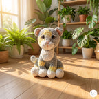 A crocheted stuffed animal with a gray body, yellow patches, and white paws and muzzle sits on a wooden floor in a sunlit room filled with potted plants.