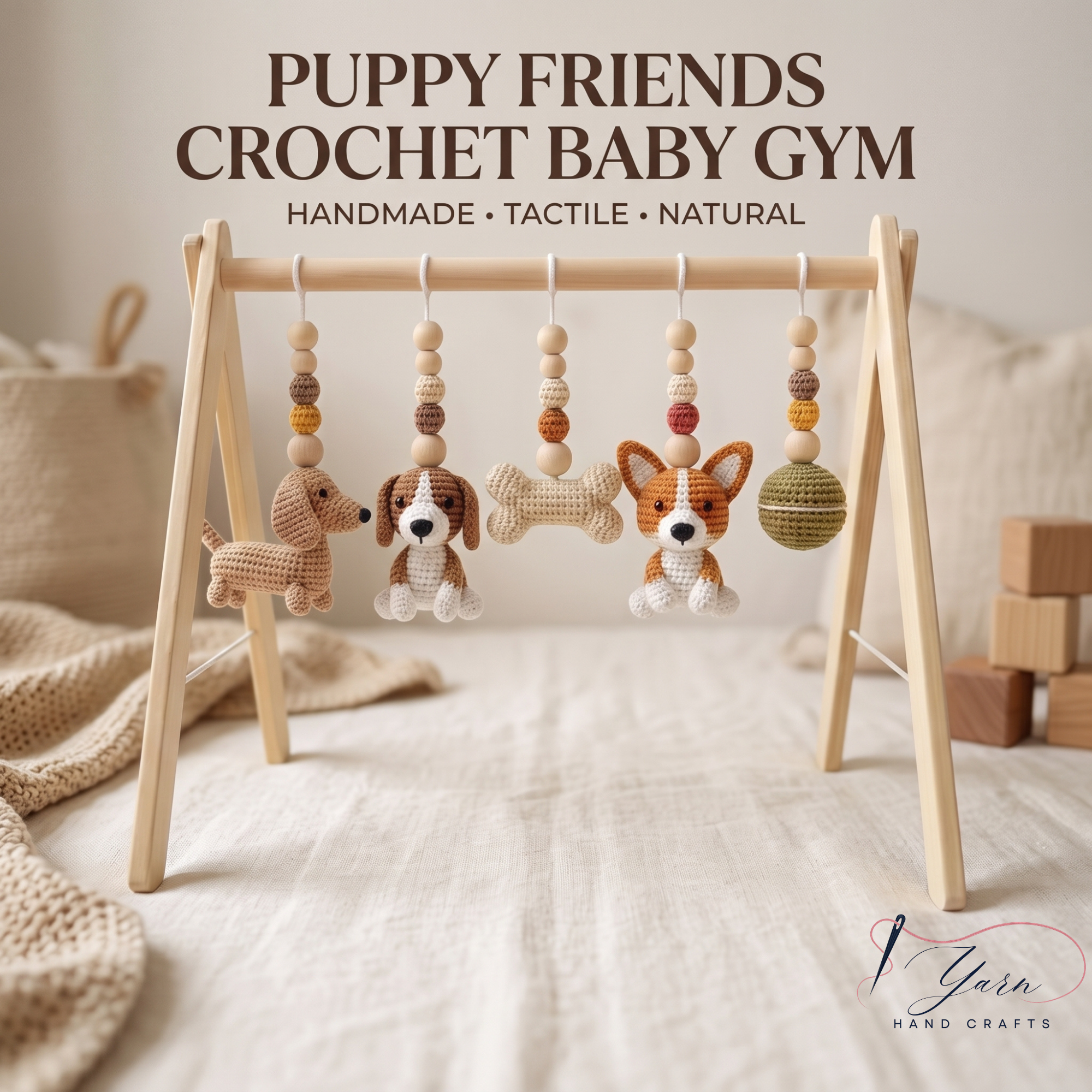 Handmade Dog Baby Gym, Wooden Montessori Play Gym with Crochet Puppy Toys, Neutral Nursery Decor, Puppy Baby Activity Gym, Baby Shower Gift