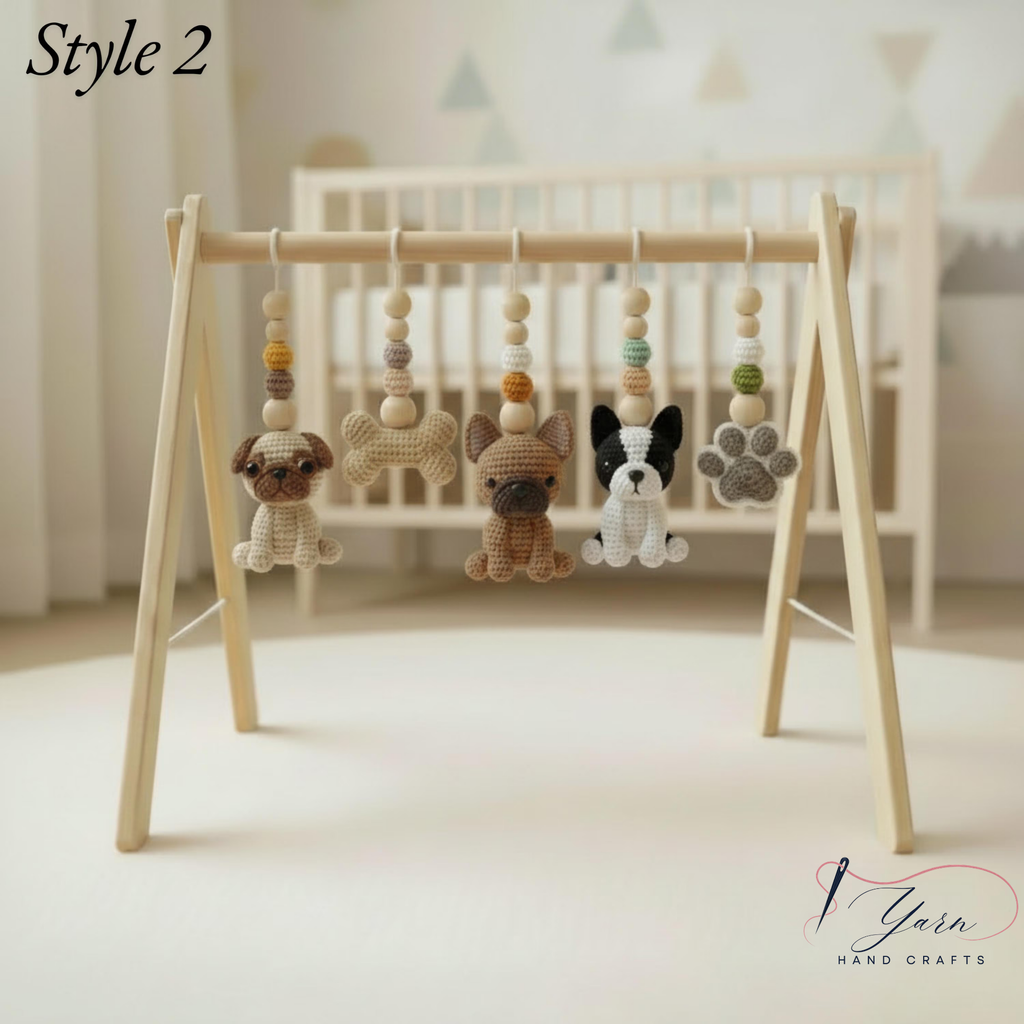 Handmade Dog Baby Gym, Wooden Montessori Play Gym with Crochet Puppy Toys, Neutral Nursery Decor, Puppy Baby Activity Gym, Baby Shower Gift