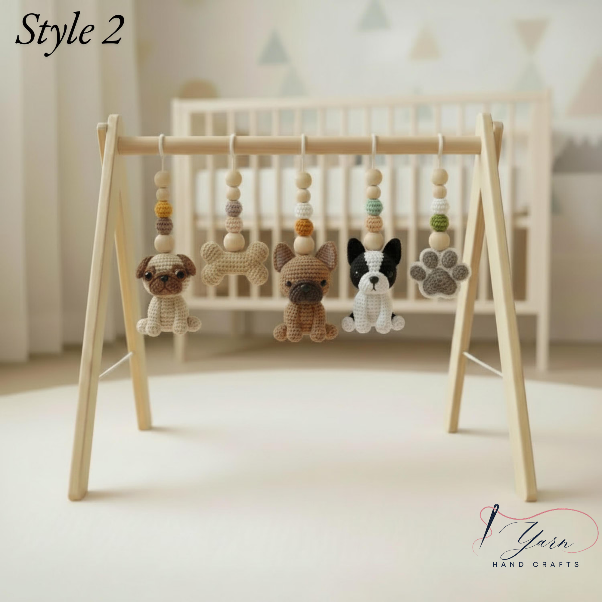 Handmade Dog Baby Gym, Wooden Montessori Play Gym with Crochet Puppy Toys, Neutral Nursery Decor, Puppy Baby Activity Gym, Baby Shower Gift