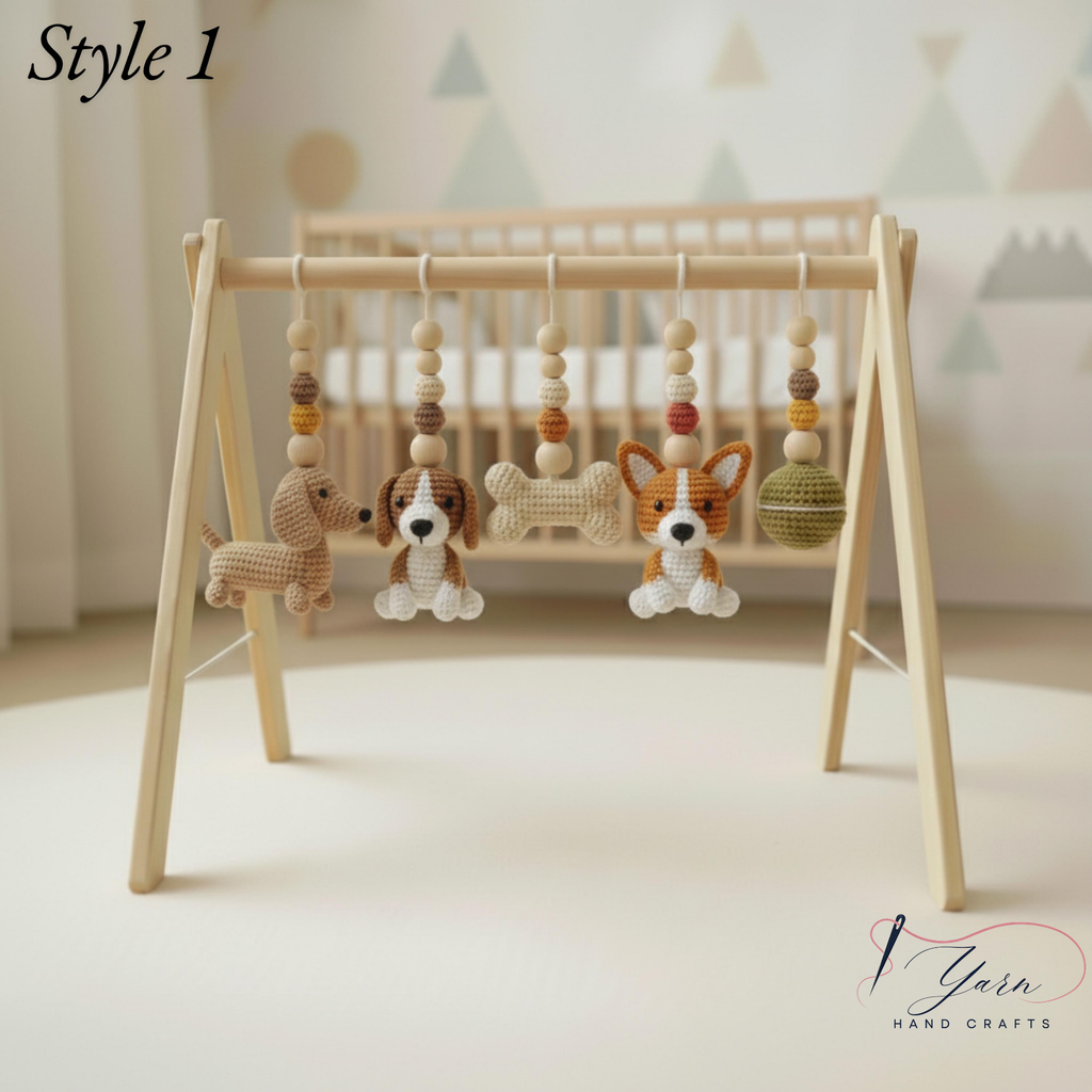 Handmade Dog Baby Gym, Wooden Montessori Play Gym with Crochet Puppy Toys, Neutral Nursery Decor, Puppy Baby Activity Gym, Baby Shower Gift