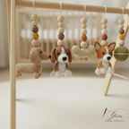 Handmade Dog Baby Gym, Wooden Montessori Play Gym with Crochet Puppy Toys, Neutral Nursery Decor, Puppy Baby Activity Gym, Baby Shower Gift