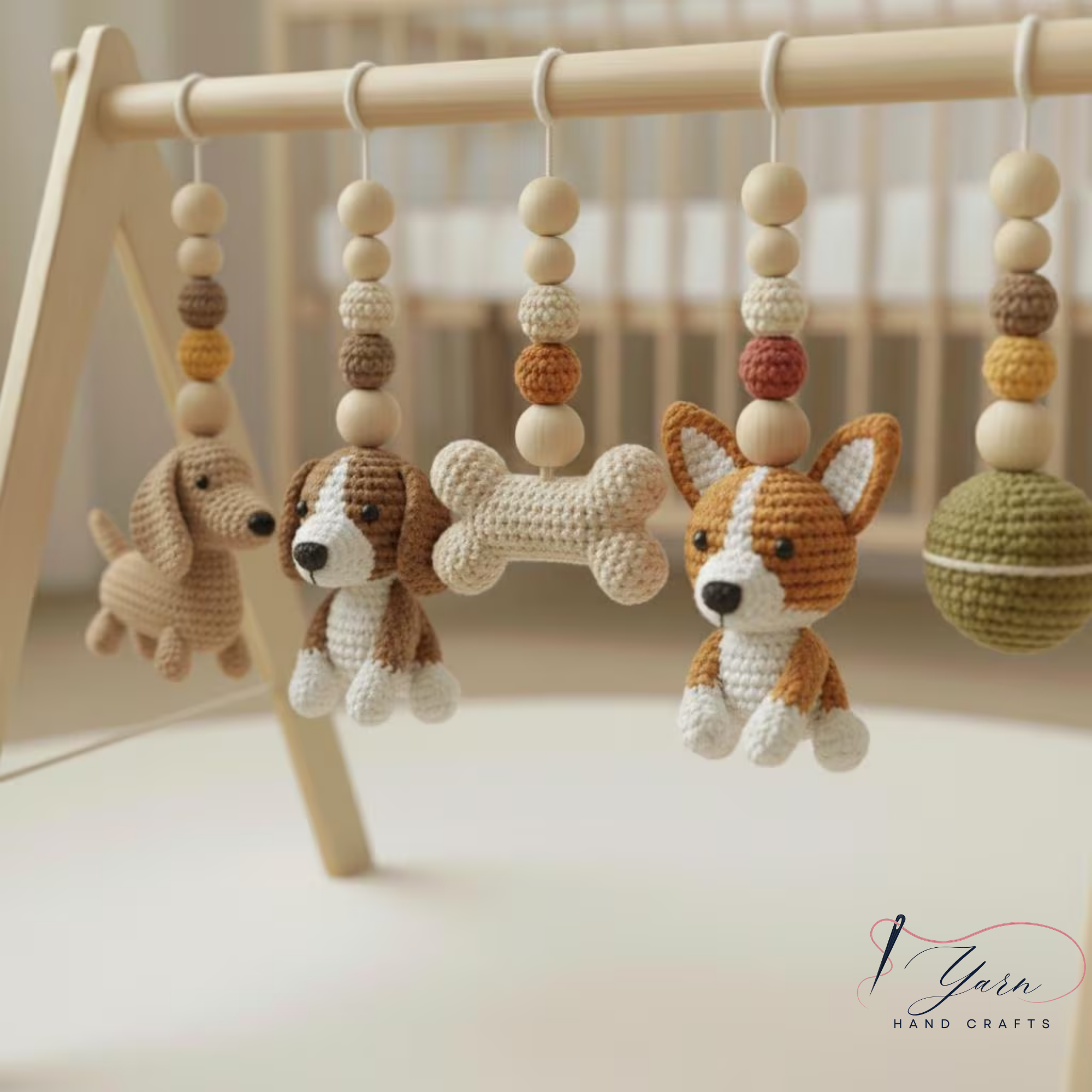 Handmade Dog Baby Gym, Wooden Montessori Play Gym with Crochet Puppy Toys, Neutral Nursery Decor, Puppy Baby Activity Gym, Baby Shower Gift