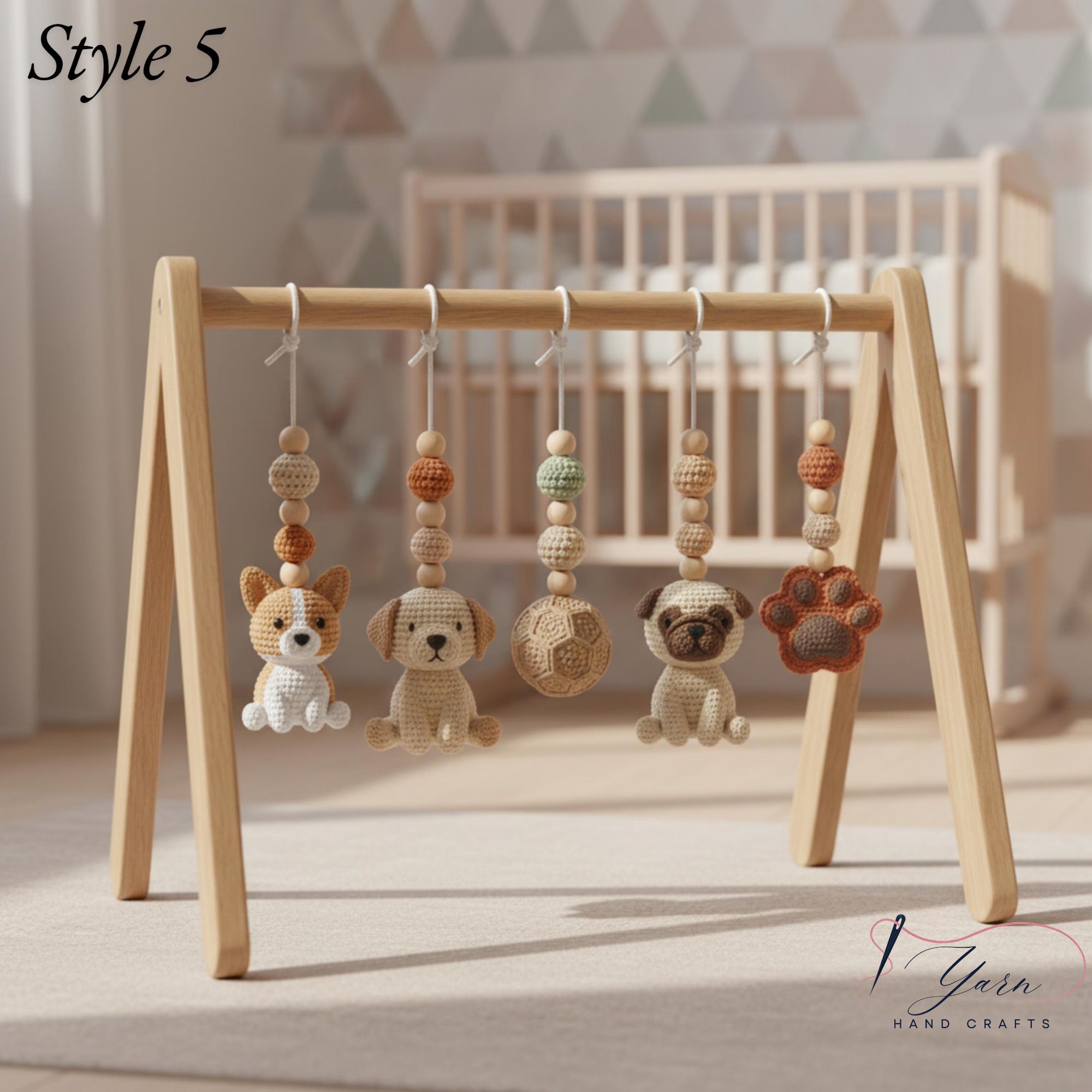 Handmade Dog Baby Gym, Wooden Montessori Play Gym with Crochet Puppy Toys, Neutral Nursery Decor, Puppy Baby Activity Gym, Baby Shower Gift