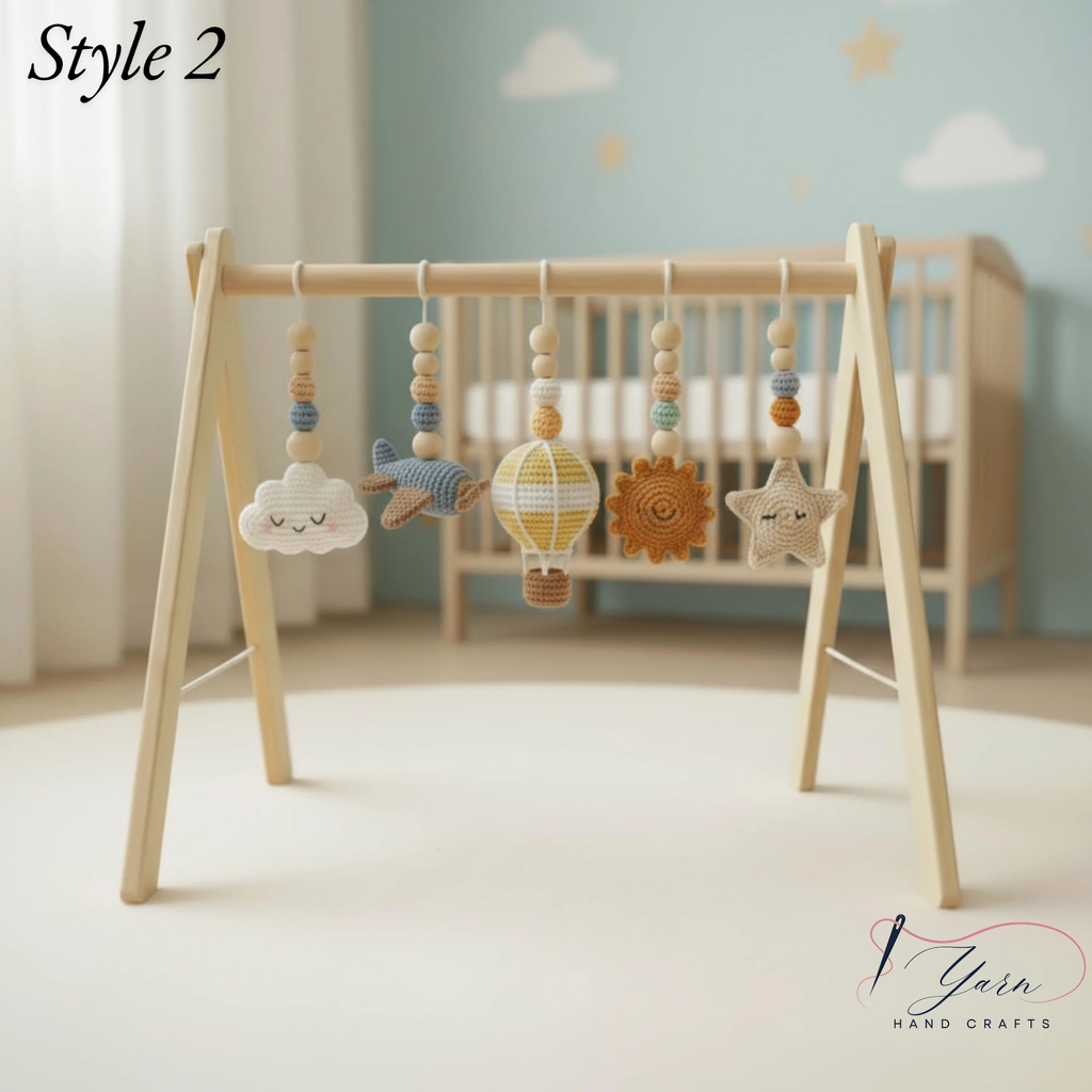 Handmade Sky Baby Gym, Wooden Montessori Play Gym with Crochet Airplane, Hot Air Balloon, Cloud, Sun and Star Toys, Baby Shower Gift