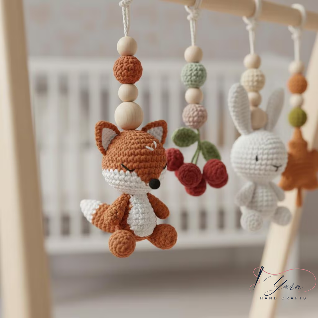 Woodland Baby Gym, Handmade Wooden Play Gym, Crochet Forest Animal Toys, Montessori Neutral Nursery Decor, Baby Shower Gift