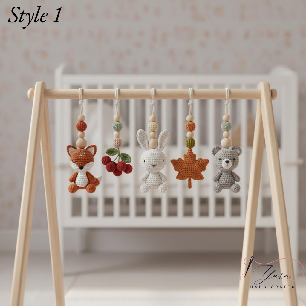 Woodland Baby Gym, Handmade Wooden Play Gym, Crochet Forest Animal Toys, Montessori Neutral Nursery Decor, Baby Shower Gift