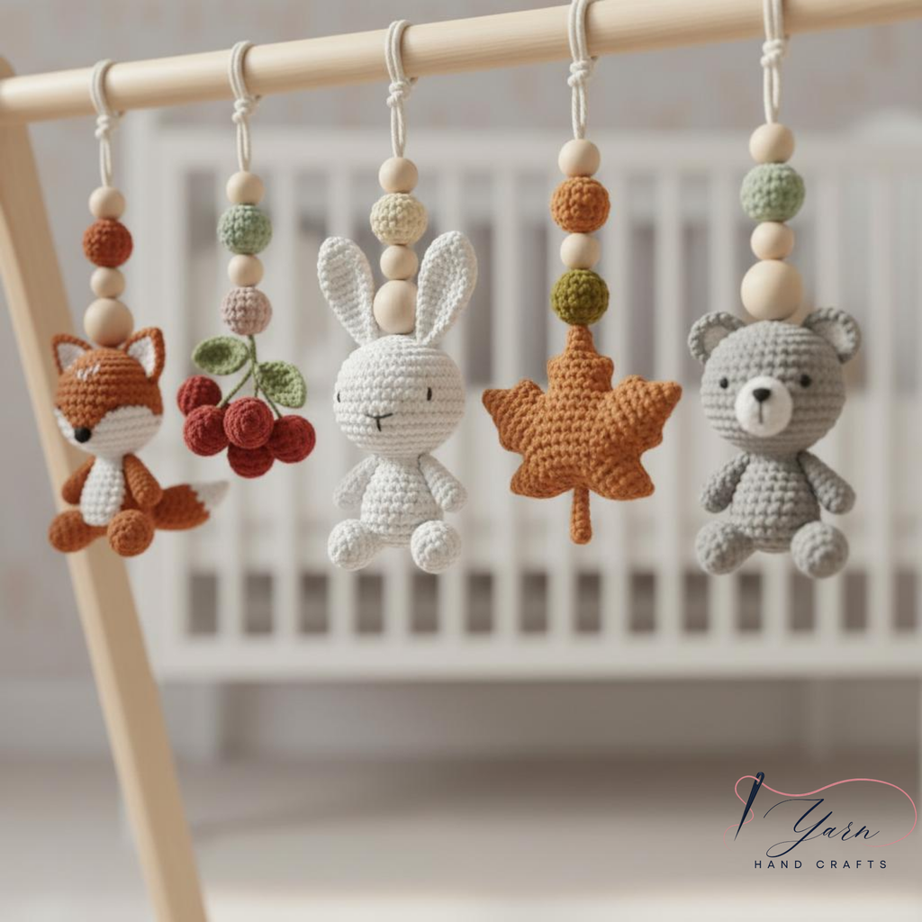 Woodland Baby Gym, Handmade Wooden Play Gym, Crochet Forest Animal Toys, Montessori Neutral Nursery Decor, Baby Shower Gift
