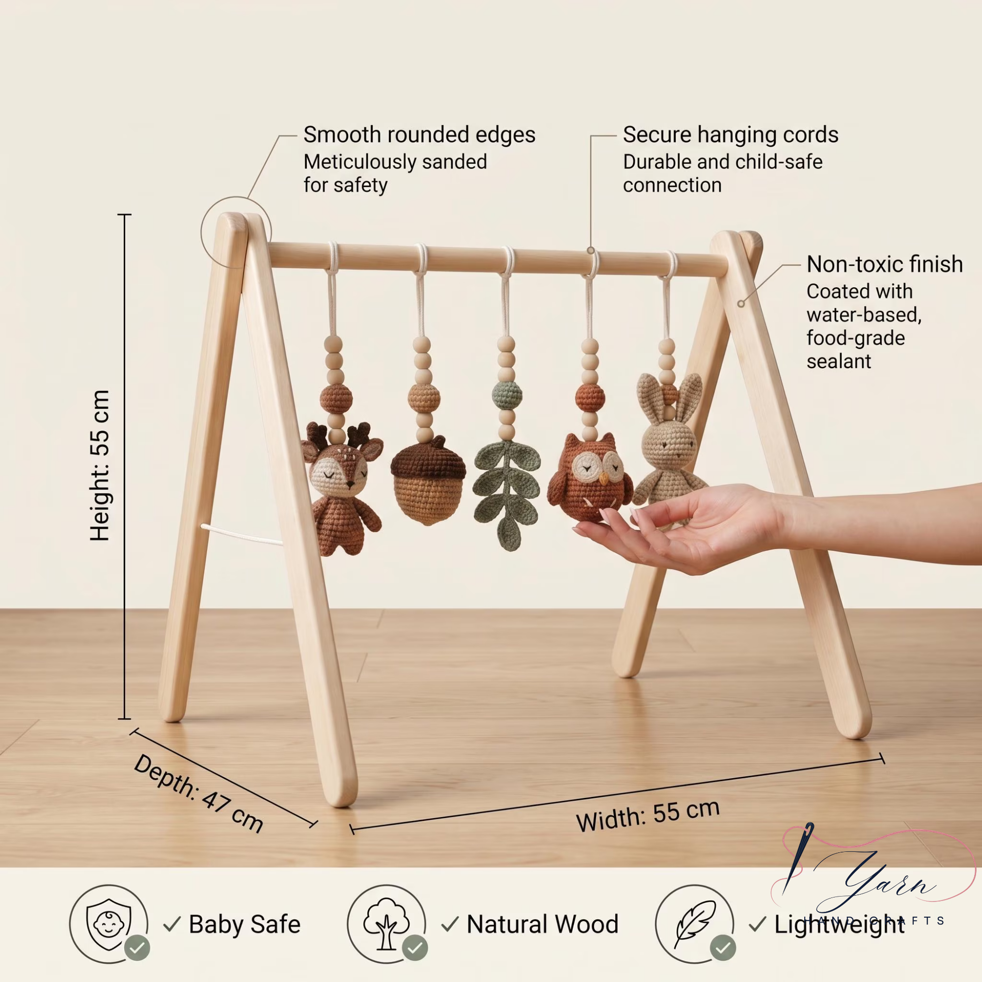 Woodland Baby Gym, Handmade Wooden Play Gym, Crochet Forest Animal Toys, Montessori Neutral Nursery Decor, Baby Shower Gift