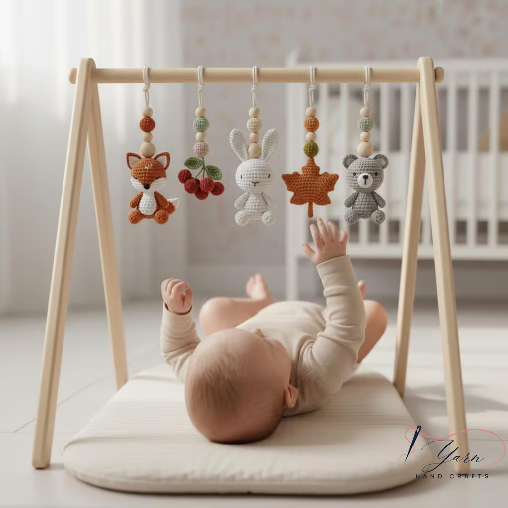 Woodland Baby Gym, Handmade Wooden Play Gym, Crochet Forest Animal Toys, Montessori Neutral Nursery Decor, Baby Shower Gift