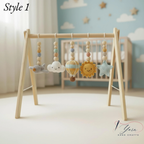 Handmade Sky Baby Gym, Wooden Montessori Play Gym with Crochet Airplane, Hot Air Balloon, Cloud, Sun and Star Toys, Baby Shower Gift