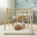 Handmade Sky Baby Gym, Wooden Montessori Play Gym with Crochet Airplane, Hot Air Balloon, Cloud, Sun and Star Toys, Baby Shower Gift