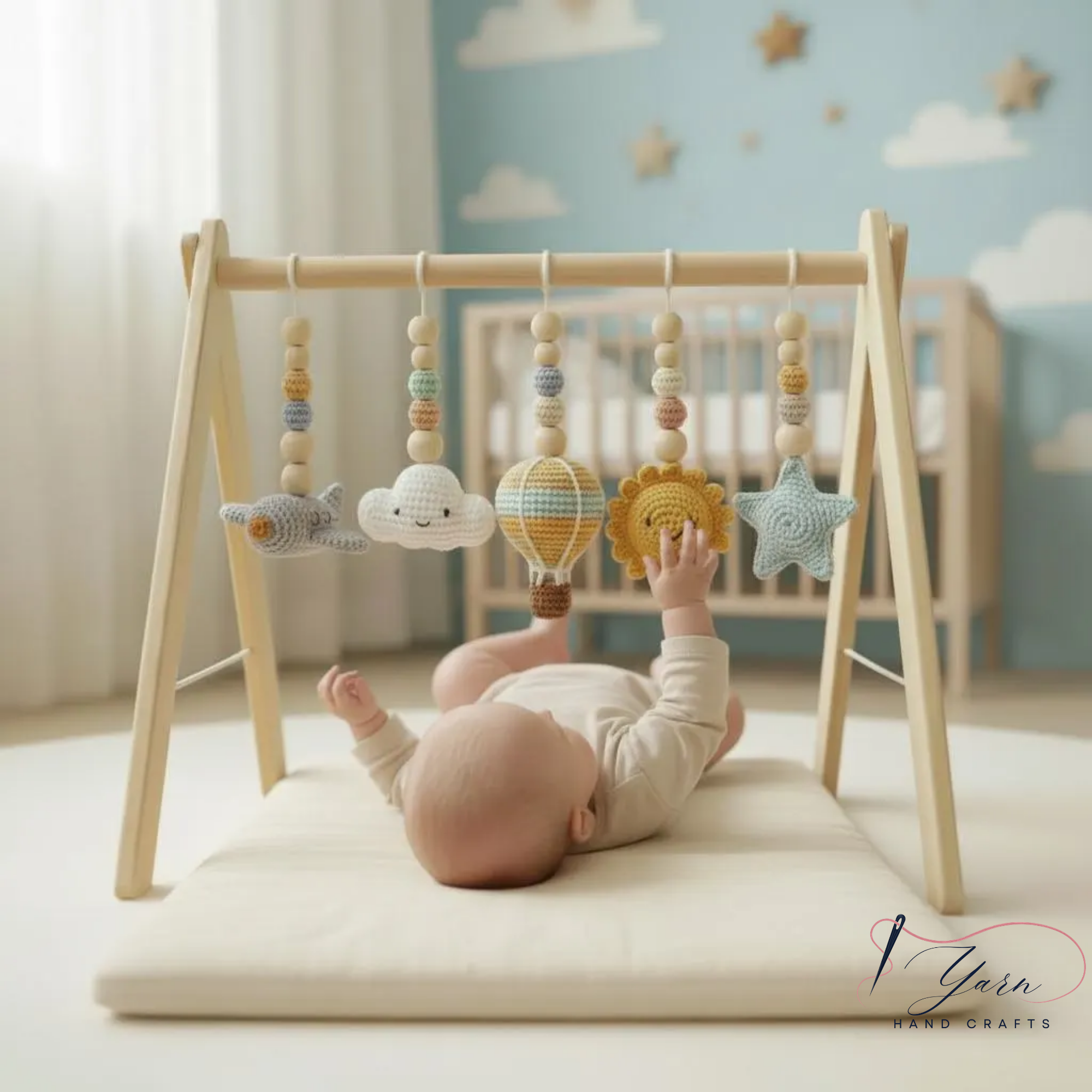 Handmade Sky Baby Gym, Wooden Montessori Play Gym with Crochet Airplane, Hot Air Balloon, Cloud, Sun and Star Toys, Baby Shower Gift